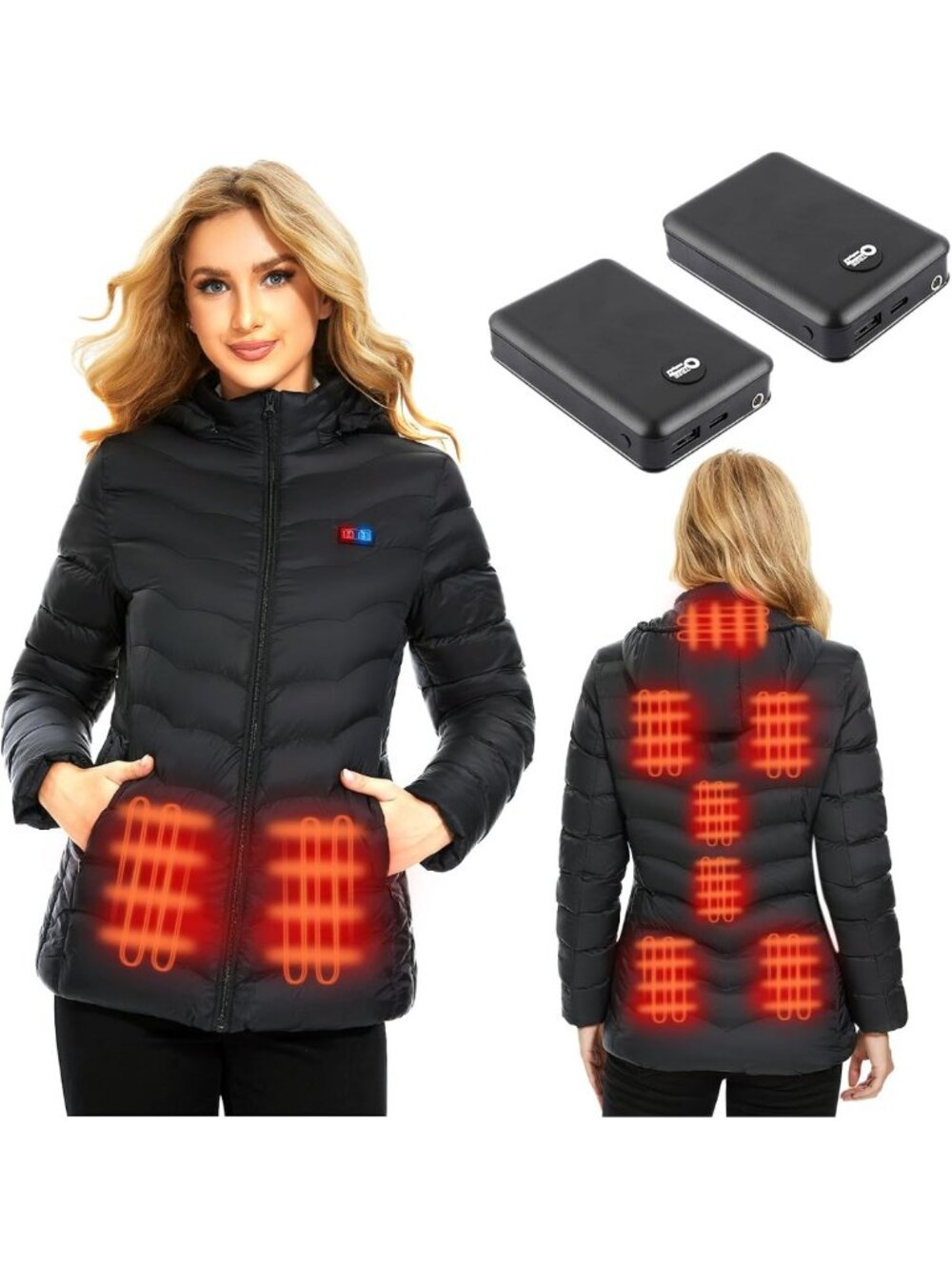 Heated Winter Jacket for Women, Slim Fit with 2PCS 10000mAh Power Bank